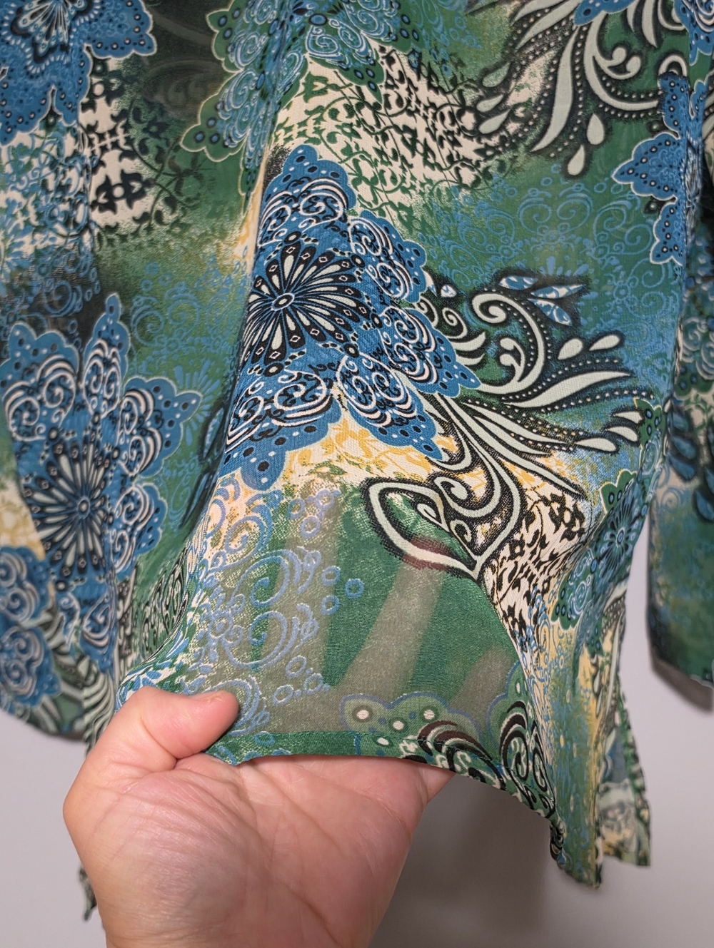 RAVIYA Tunic Blouse Womens Large Green Blue Beaded Boho Forest Fairy Bell Sleeve - Picture 8 of 14